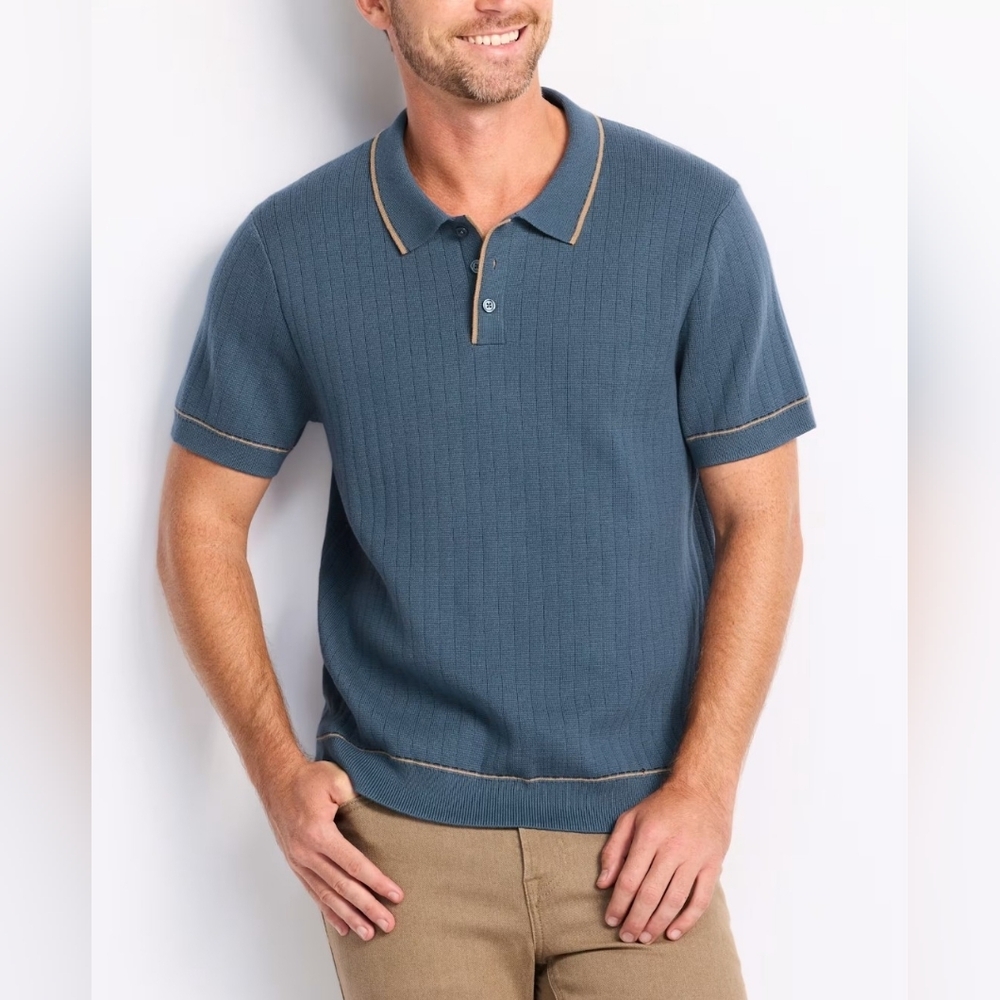 The Commons FIRE! NWT! Ribbed Contrast Stitch Sweater Polo in Blue. Sz XL.